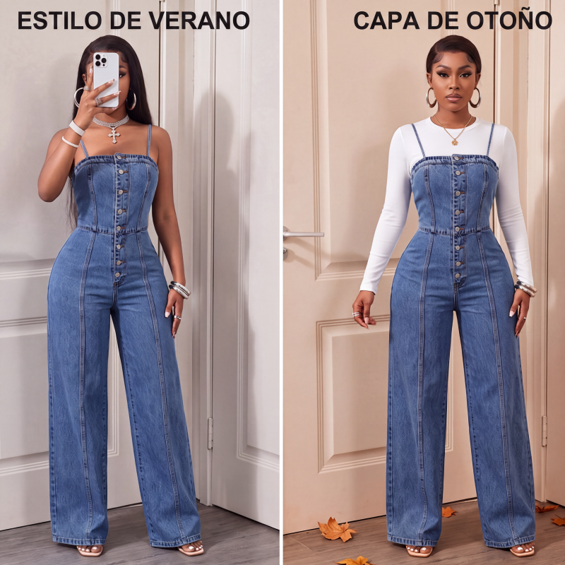 Mono vaquero de pierna ancha con tirantes finos para mujer