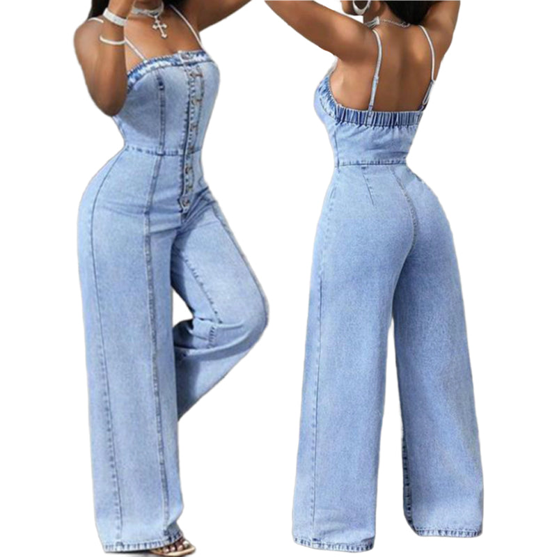Mono vaquero de pierna ancha con tirantes finos para mujer