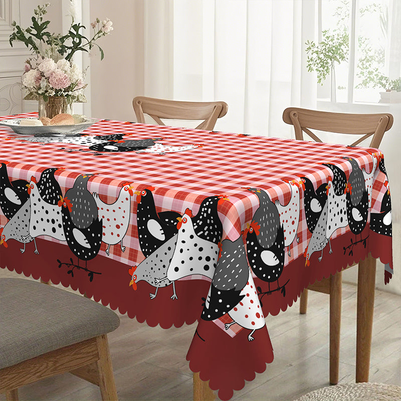 🐓 Mantel de Gallo Campestre – Cuadros Buffalo Rojos con Estampado de Gallina, Resistente a Derrames y Borde de Encaje Festoneado ✨