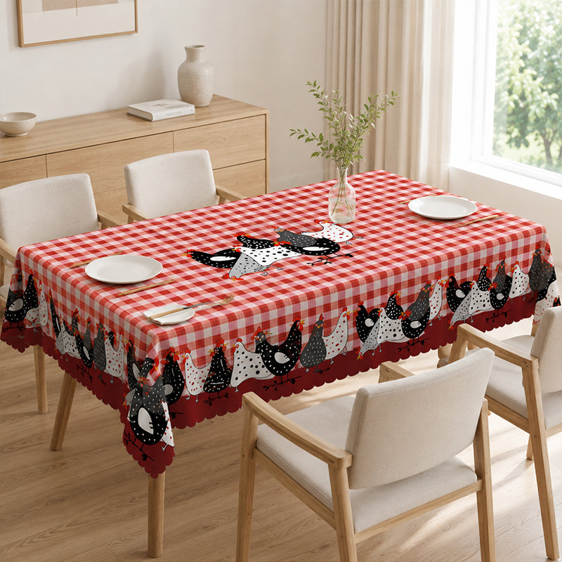 🐓 Mantel de Gallo Campestre – Cuadros Buffalo Rojos con Estampado de Gallina, Resistente a Derrames y Borde de Encaje Festoneado ✨
