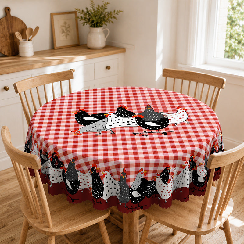 🐓 Mantel de Gallo Campestre – Cuadros Buffalo Rojos con Estampado de Gallina, Resistente a Derrames y Borde de Encaje Festoneado ✨