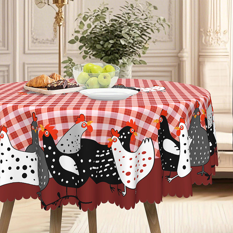 🐓 Mantel de Gallo Campestre – Cuadros Buffalo Rojos con Estampado de Gallina, Resistente a Derrames y Borde de Encaje Festoneado ✨
