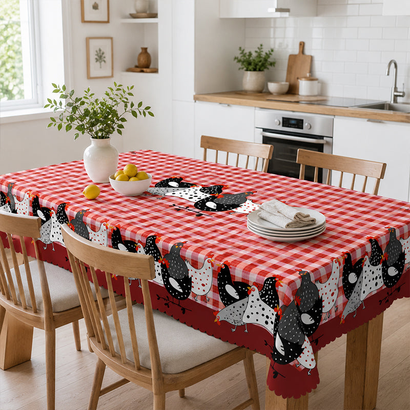 🐓 Mantel de Gallo Campestre – Cuadros Buffalo Rojos con Estampado de Gallina, Resistente a Derrames y Borde de Encaje Festoneado ✨