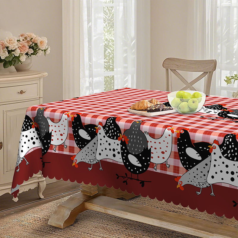 🐓 Mantel de Gallo Campestre – Cuadros Buffalo Rojos con Estampado de Gallina, Resistente a Derrames y Borde de Encaje Festoneado ✨