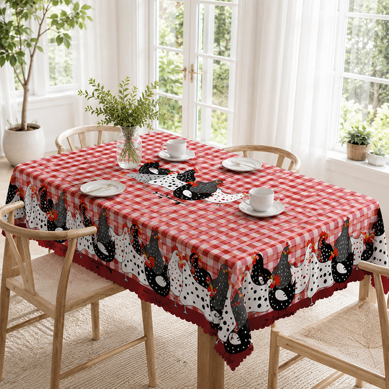 🐓 Mantel de Gallo Campestre – Cuadros Buffalo Rojos con Estampado de Gallina, Resistente a Derrames y Borde de Encaje Festoneado ✨