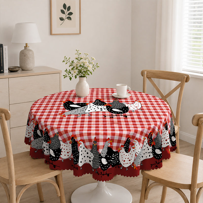 🐓 Mantel de Gallo Campestre – Cuadros Buffalo Rojos con Estampado de Gallina, Resistente a Derrames y Borde de Encaje Festoneado ✨