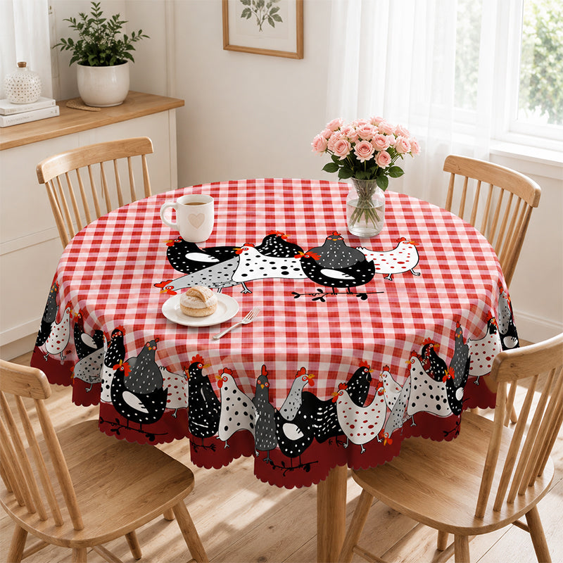 🐓 Mantel de Gallo Campestre – Cuadros Buffalo Rojos con Estampado de Gallina, Resistente a Derrames y Borde de Encaje Festoneado ✨