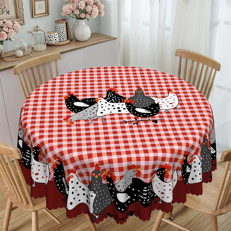 🐓 Mantel de Gallo Campestre – Cuadros Buffalo Rojos con Estampado de Gallina, Resistente a Derrames y Borde de Encaje Festoneado ✨