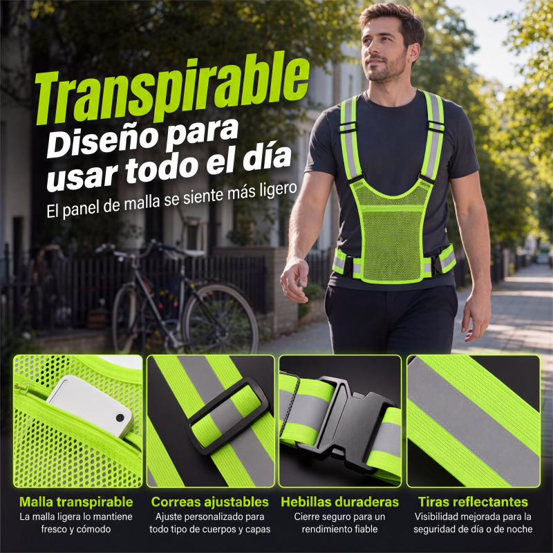 Chaleco reflectante de alta visibilidad, equipo de seguridad ajustable para correr con bolsillo