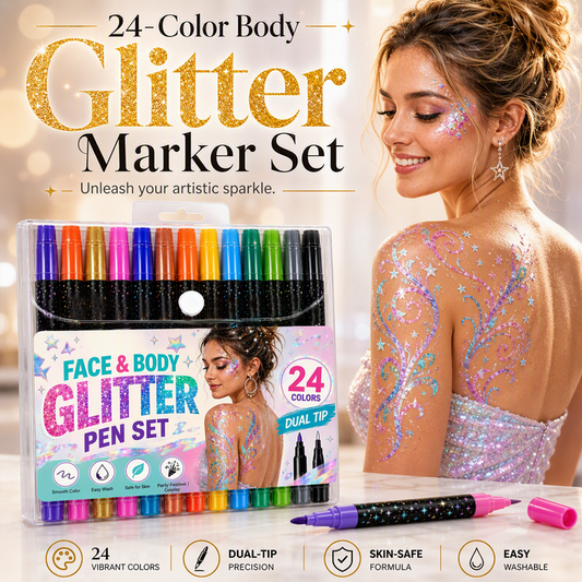 ⏳🔥¡50 % DE DESCUENTO POR TIEMPO LIMITADO! ⏰ 🌸 Set de 24 Marcadores de Purpurina para Cara y Cuerpo con Puntas Dobles