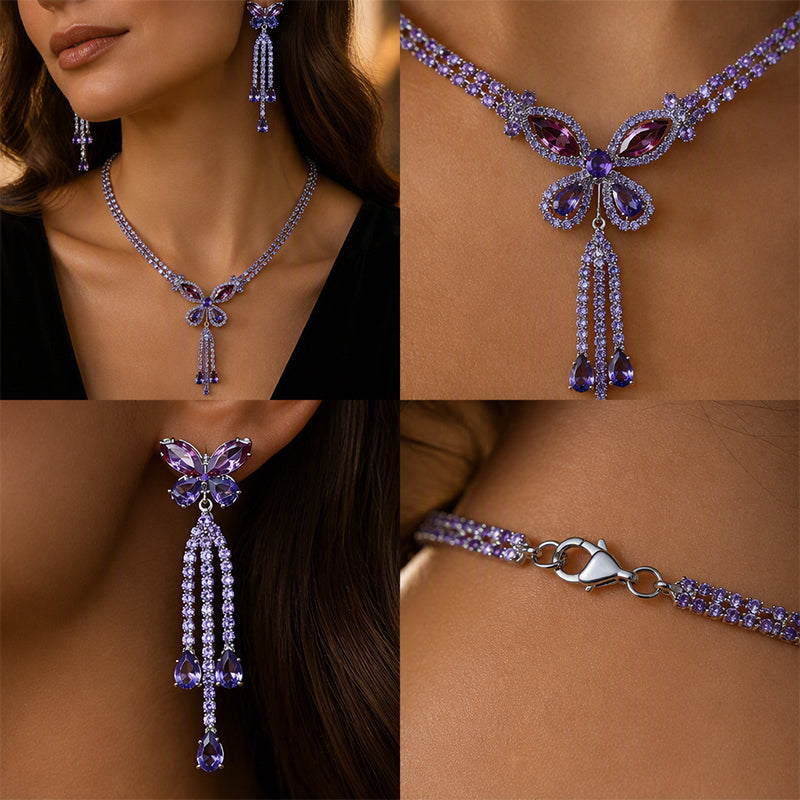 ⏳🔥¡50 % DE DESCUENTO POR TIEMPO LIMITADO! ⏰ 🦋 Elegante Set de Collar y Aretes de Mariposa – Diseño de Rhinestone Morado, Cobre Ligero y Estilo Versátil ✨