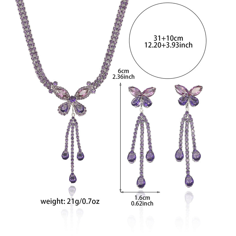 ⏳🔥¡50 % DE DESCUENTO POR TIEMPO LIMITADO! ⏰ 🦋 Elegante Set de Collar y Aretes de Mariposa – Diseño de Rhinestone Morado, Cobre Ligero y Estilo Versátil ✨