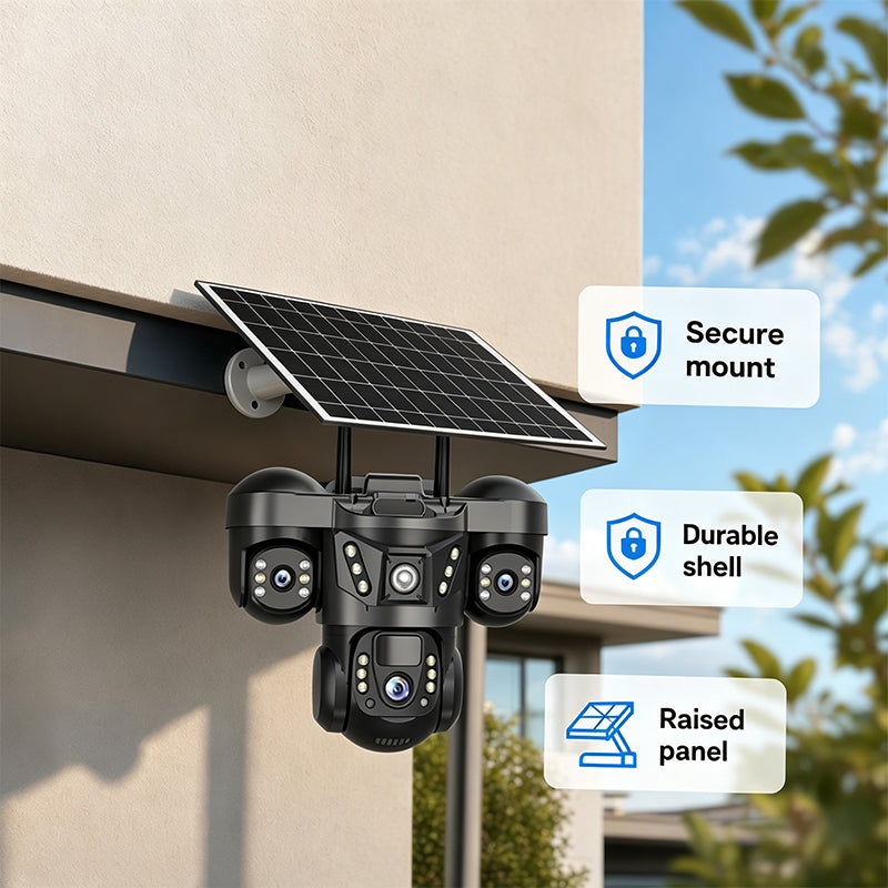 📹 ¡50% DE DESCUENTO AHORA! ☀️ Cámara de Seguridad Solar con Triple Lente – Cobertura 360°, Inalámbrica y para Todo Clima – Monitoreo Claro Día/Noche 🏠