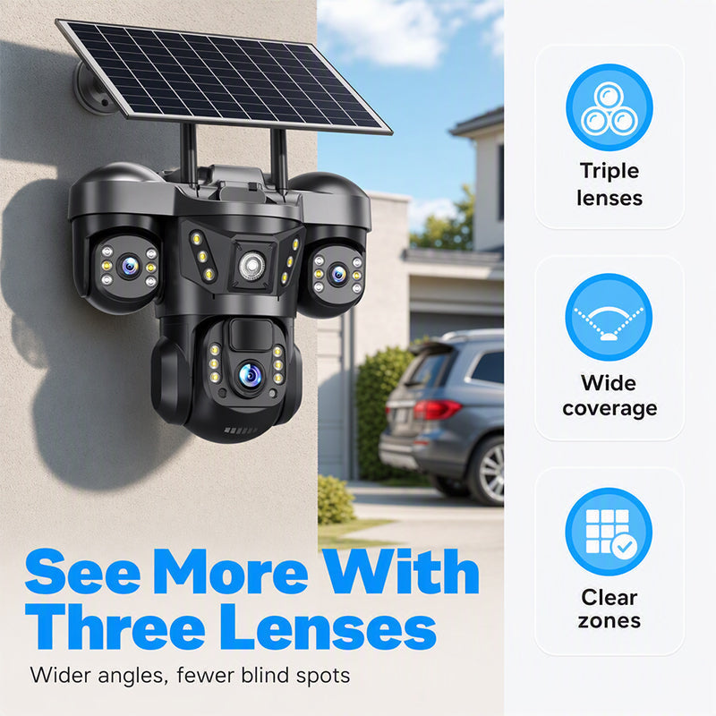 📹 ¡50% DE DESCUENTO AHORA! ☀️ Cámara de Seguridad Solar con Triple Lente – Cobertura 360°, Inalámbrica y para Todo Clima – Monitoreo Claro Día/Noche 🏠