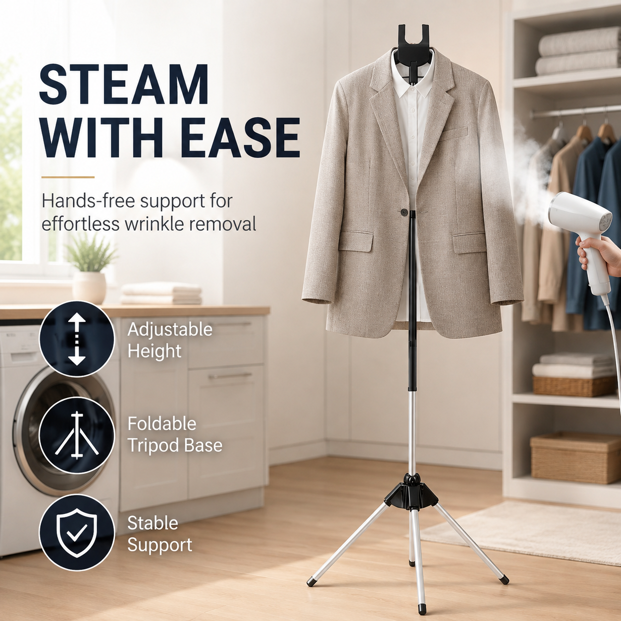 👔 ¡50% DE DESCUENTO AHORA! Soporte ajustable para plancha de vapor, trípode plegable para colgar ropa, soporte estable y de altura ajustable para planchado a vapor en el hogar y cuidado de prendas.