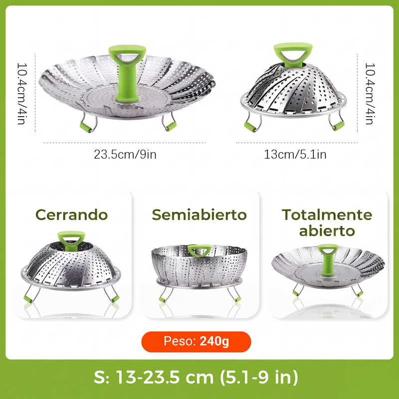 Cesta de vapor extensible de acero inoxidable
