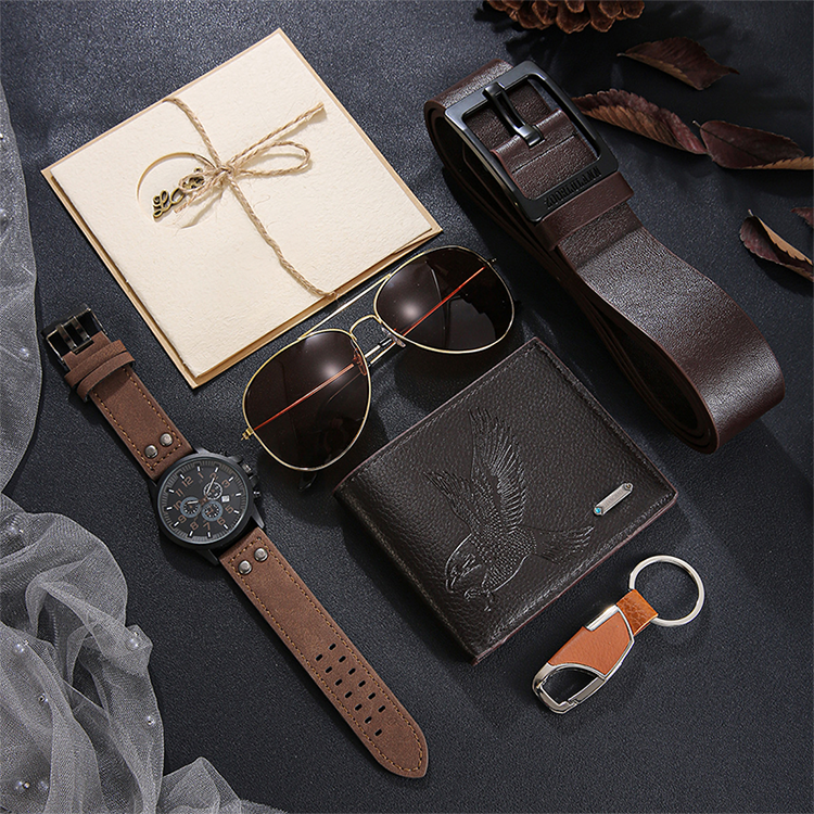 Set de Regalo para Hombre 7 Piezas con Reloj, Cartera, Cinturón, Lentes y Llavero