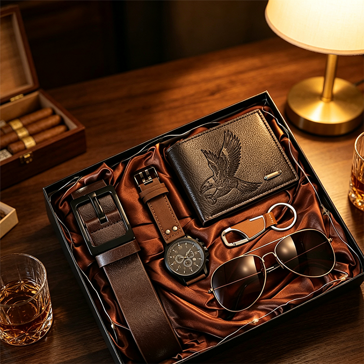 Set de Regalo para Hombre 7 Piezas con Reloj, Cartera, Cinturón, Lentes y Llavero