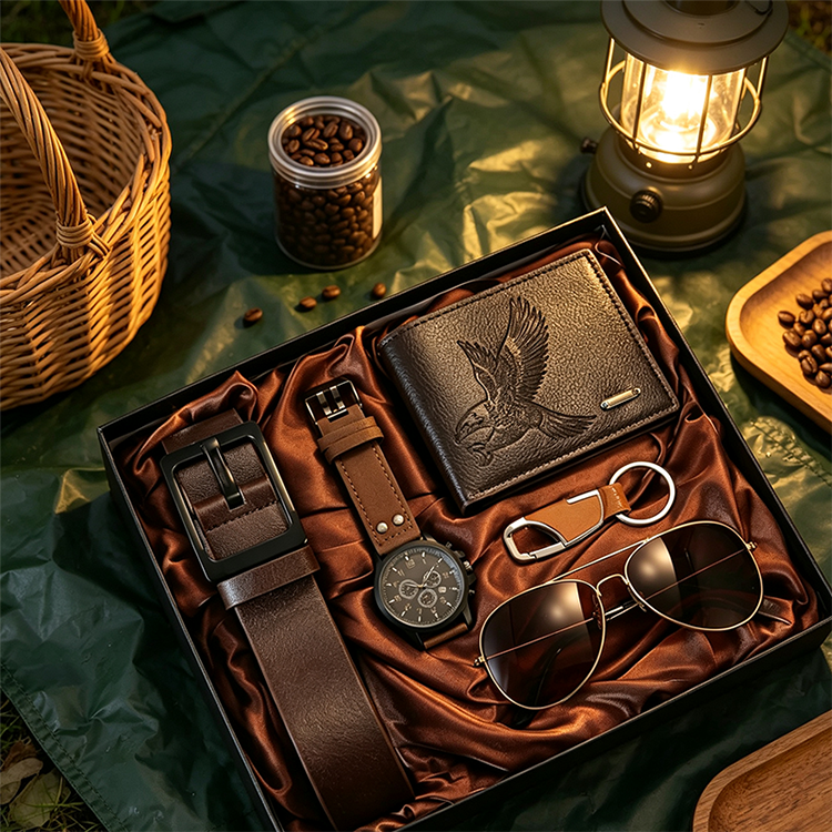 Set de Regalo para Hombre 7 Piezas con Reloj, Cartera, Cinturón, Lentes y Llavero