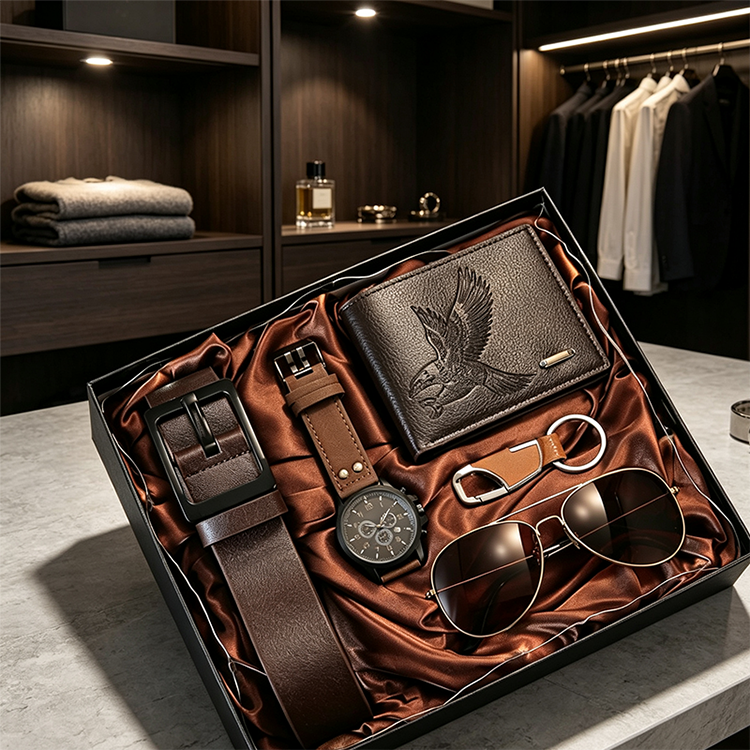 Set de Regalo para Hombre 7 Piezas con Reloj, Cartera, Cinturón, Lentes y Llavero