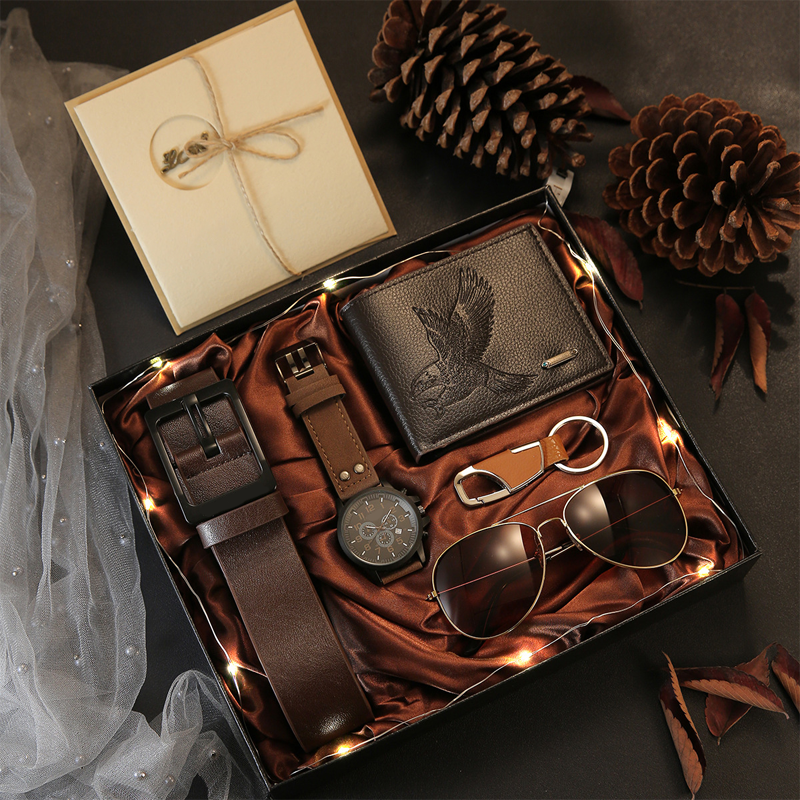 Set de Regalo para Hombre 7 Piezas con Reloj, Cartera, Cinturón, Lentes y Llavero
