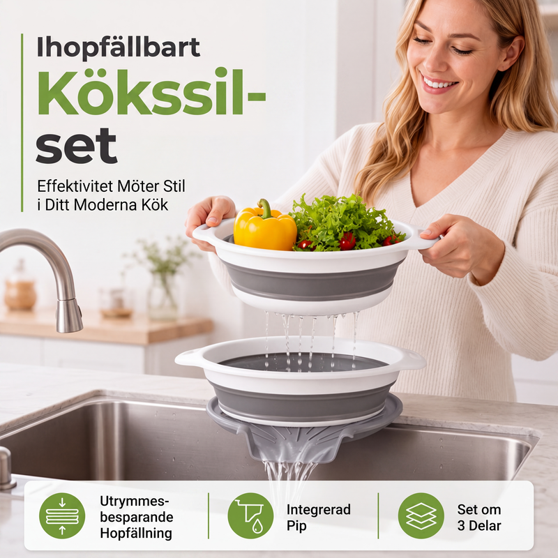 🥗 Set de 3 Escurridores Plegables con Base Escurridora – Coladores Compactos para Frutas· Pasta y Verduras