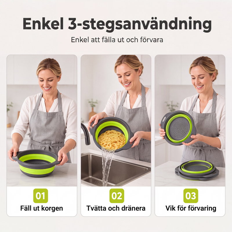 🥗 Set de 3 Escurridores Plegables con Base Escurridora – Coladores Compactos para Frutas· Pasta y Verduras