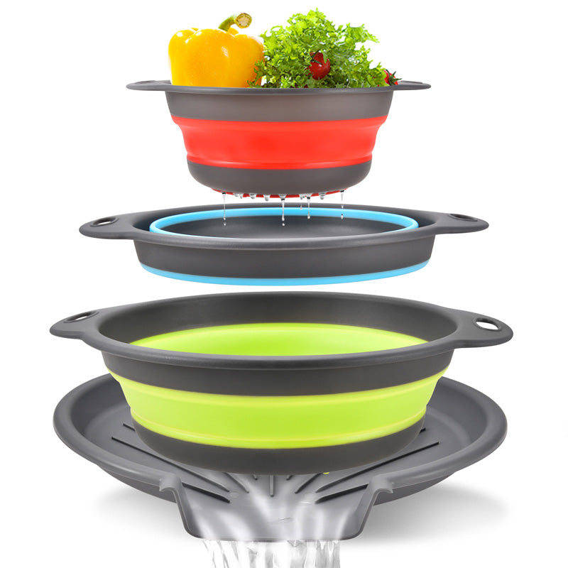 🥗 Set de 3 Escurridores Plegables con Base Escurridora – Coladores Compactos para Frutas· Pasta y Verduras