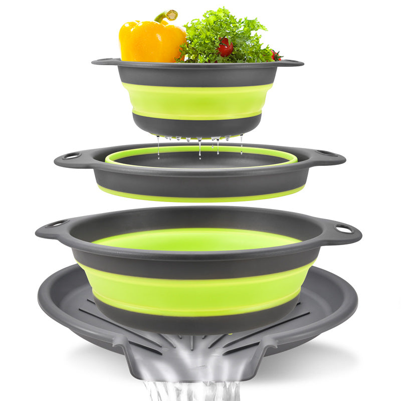🥗 Set de 3 Escurridores Plegables con Base Escurridora – Coladores Compactos para Frutas· Pasta y Verduras