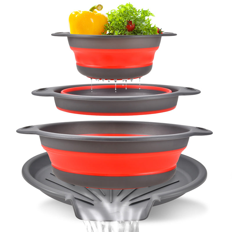 🥗 Set de 3 Escurridores Plegables con Base Escurridora – Coladores Compactos para Frutas· Pasta y Verduras