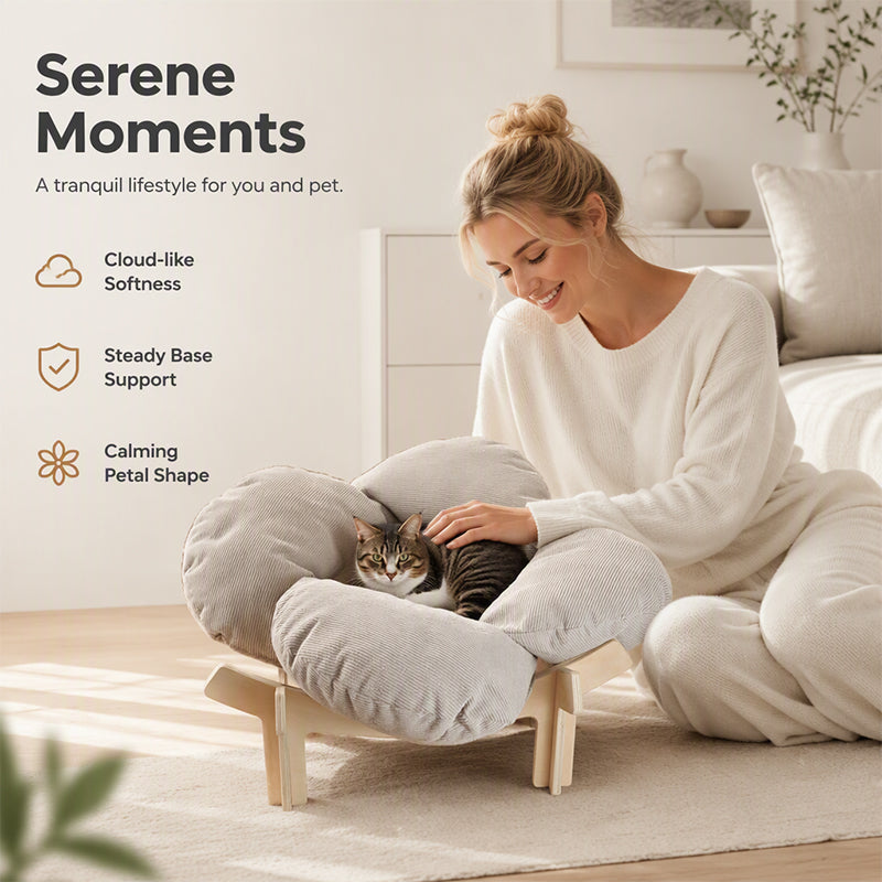 🌼 ¡50% DE DESCUENTO POR TIEMPO LIMITADO! 🐾 Cama de Madera Elevada en Forma de Pétalo para Mascotas con Cojín – Soporte Ortopédico, Diseño Transpirable y Madera Maciza – Un Retiro Acogedor ✨