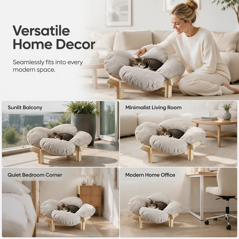 🌼 ¡50% DE DESCUENTO POR TIEMPO LIMITADO! 🐾 Cama de Madera Elevada en Forma de Pétalo para Mascotas con Cojín – Soporte Ortopédico, Diseño Transpirable y Madera Maciza – Un Retiro Acogedor ✨