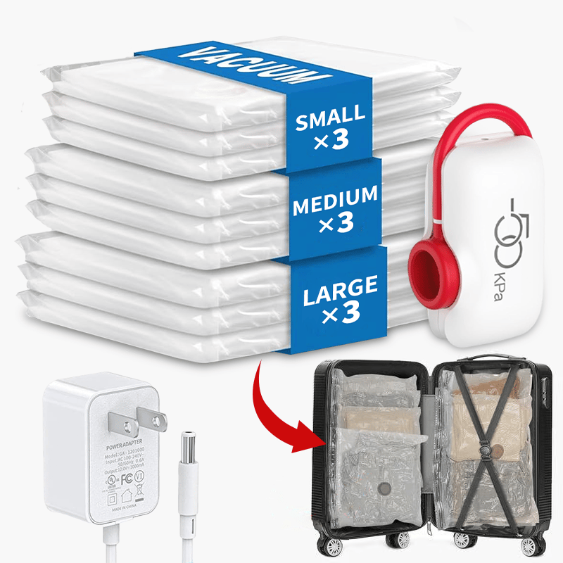 ✨️OFERTA LIMITADA 50% OFF✨️ Pack de 9 Bolsas de Viaje Ligeras con Bomba Eléctrica USB