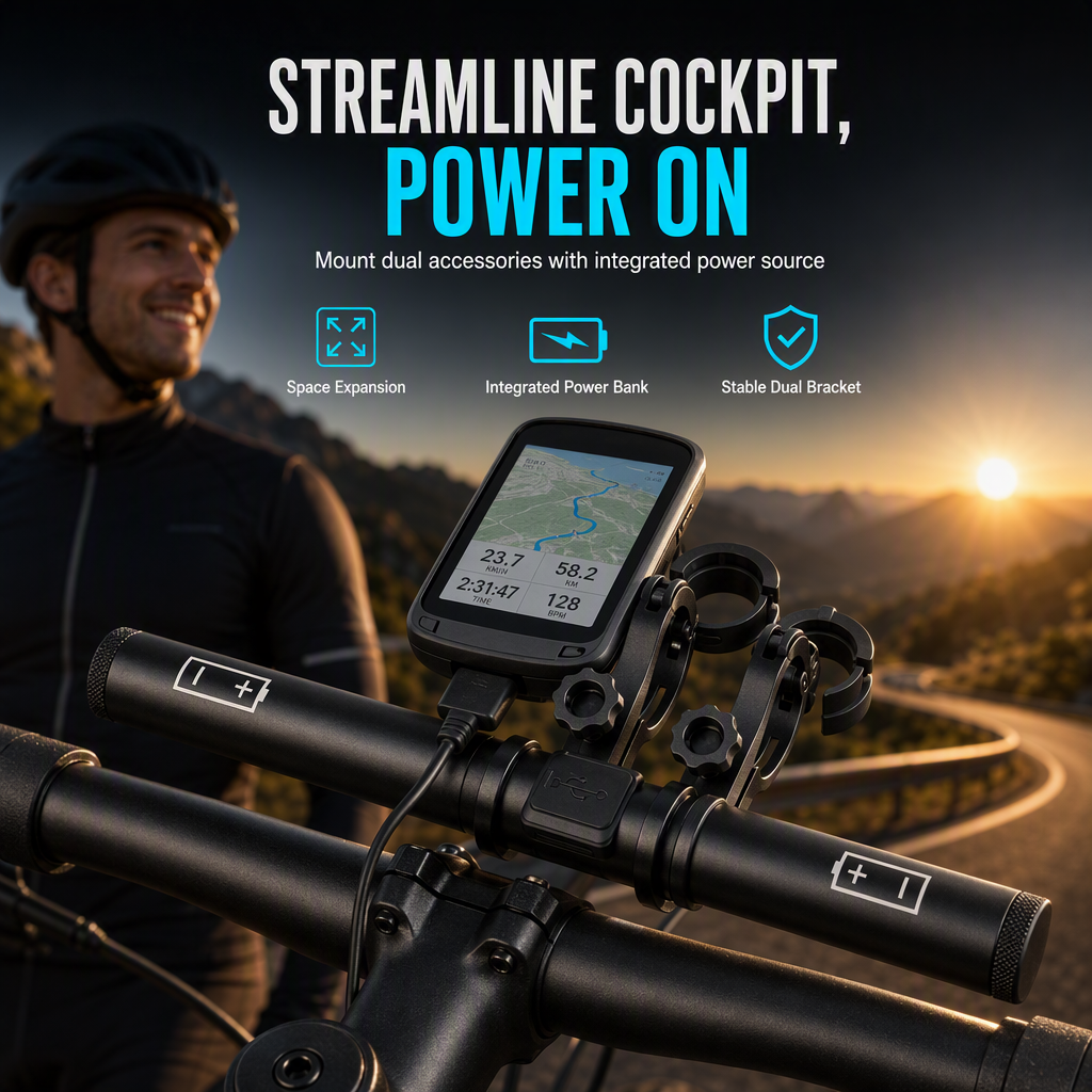 🚴 Extensor de Manillar de Bicicleta con Banco de Energía USB: Soportes Dobles, Impermeable, Resistente a la Vibración