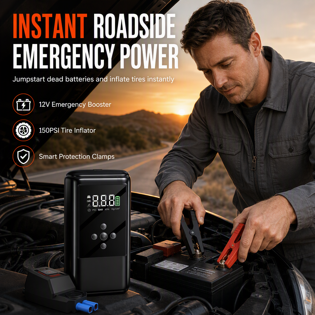 🚗 ¡Ahorra 50%! 🔋 Motor de arranque y inflador de neumáticos – Griales inteligentes y caja de EVA ✨