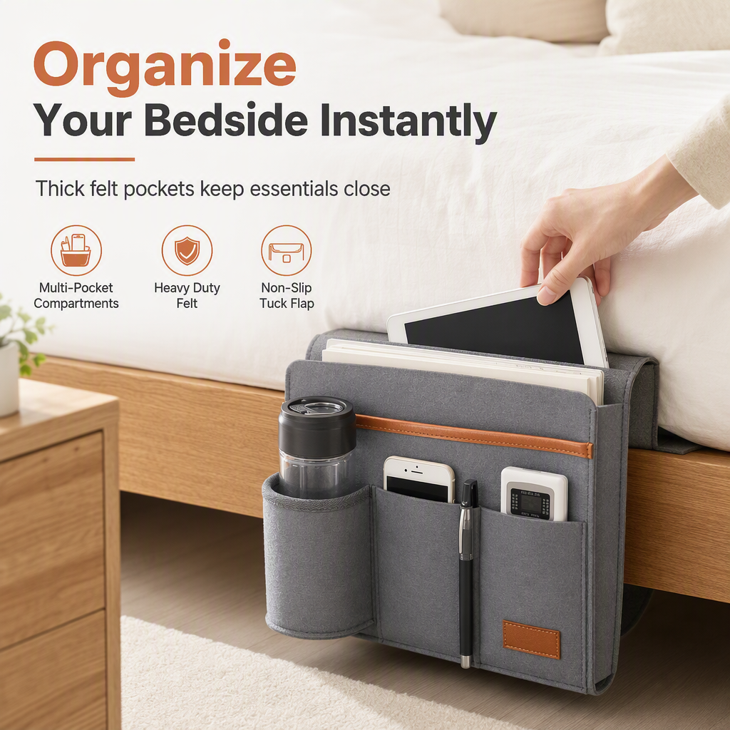 ⏳ ¡Especial por Tiempo Limitado! ⏰ Bolsa Organizadora de Cama de Fieltro Minimalista – Ancla Segura para Colchón, Fieltro Grueso y Montaje Múltiple – Almacenamiento Ordenado para Teléfonos, Tabletas y Accesorios 📚