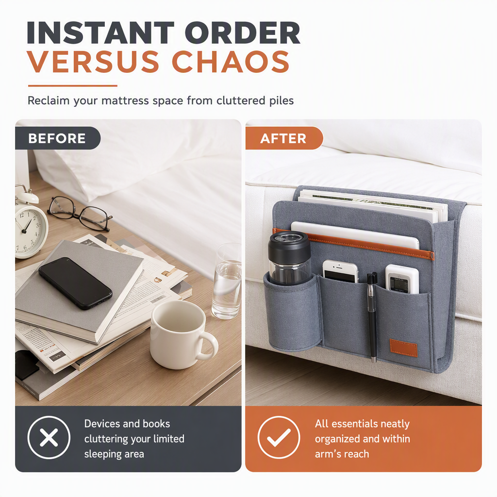 ⏳ ¡Especial por Tiempo Limitado! ⏰ Bolsa Organizadora de Cama de Fieltro Minimalista – Ancla Segura para Colchón, Fieltro Grueso y Montaje Múltiple – Almacenamiento Ordenado para Teléfonos, Tabletas y Accesorios 📚