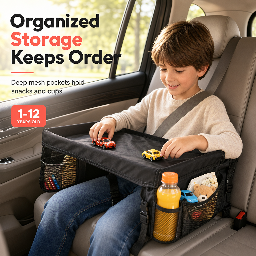 🚗 50% OFF NOW! 🎨 Kids Car Seat Travel Tray – Drawing Board & Storage Organizer – Stable Desk for Long Drives ✏️