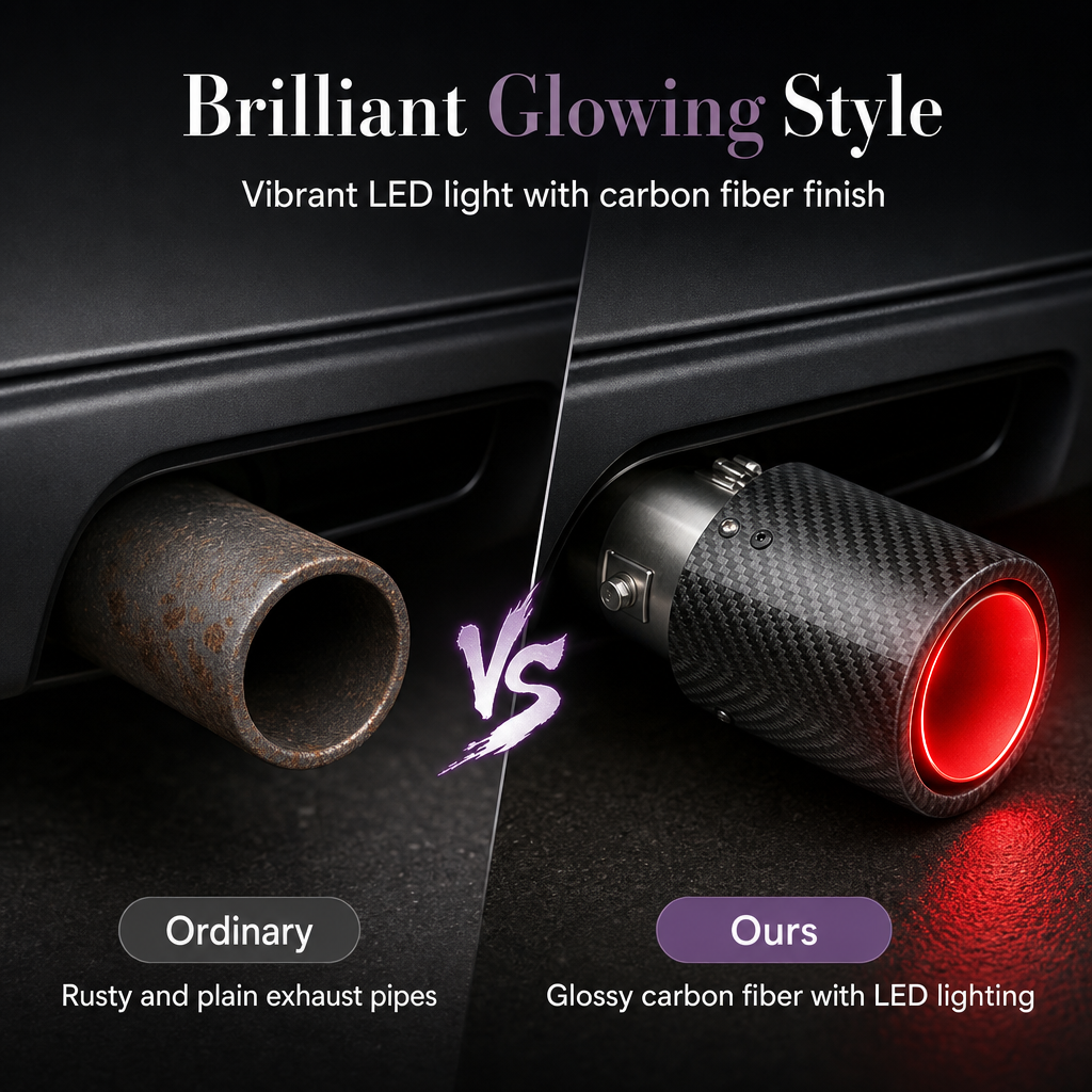 🔥🚗 Punta de Escape Deportivo de Fibra de Carbono con Luz LED ✨ – Efecto Llama, Acero Inoxidable y Máxima Resistencia al Calor