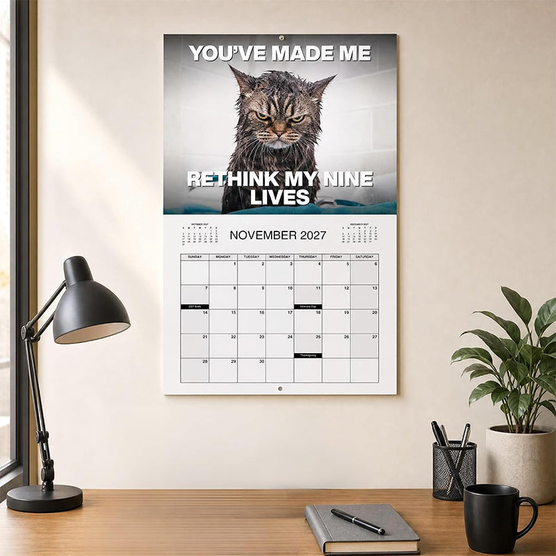 🐱😹 Calendario de Pared 2027 de Gatos Enojados y Divertidos | Papel de Arte Premium y Cuadrícula Amplia