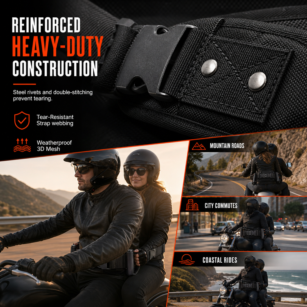 Cinturón ajustable con asas para pasajero de motocicleta