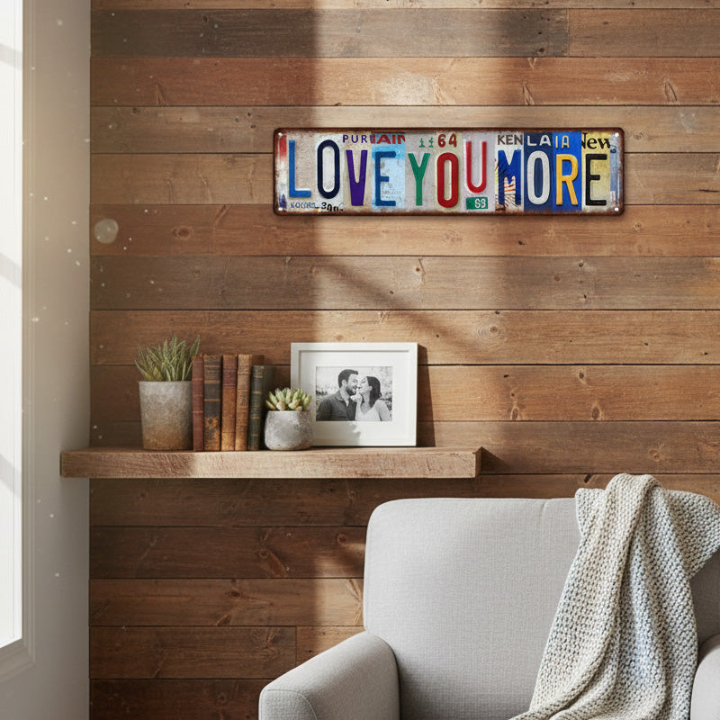 Letrero metálico vintage «Love You More» estilo matrícula