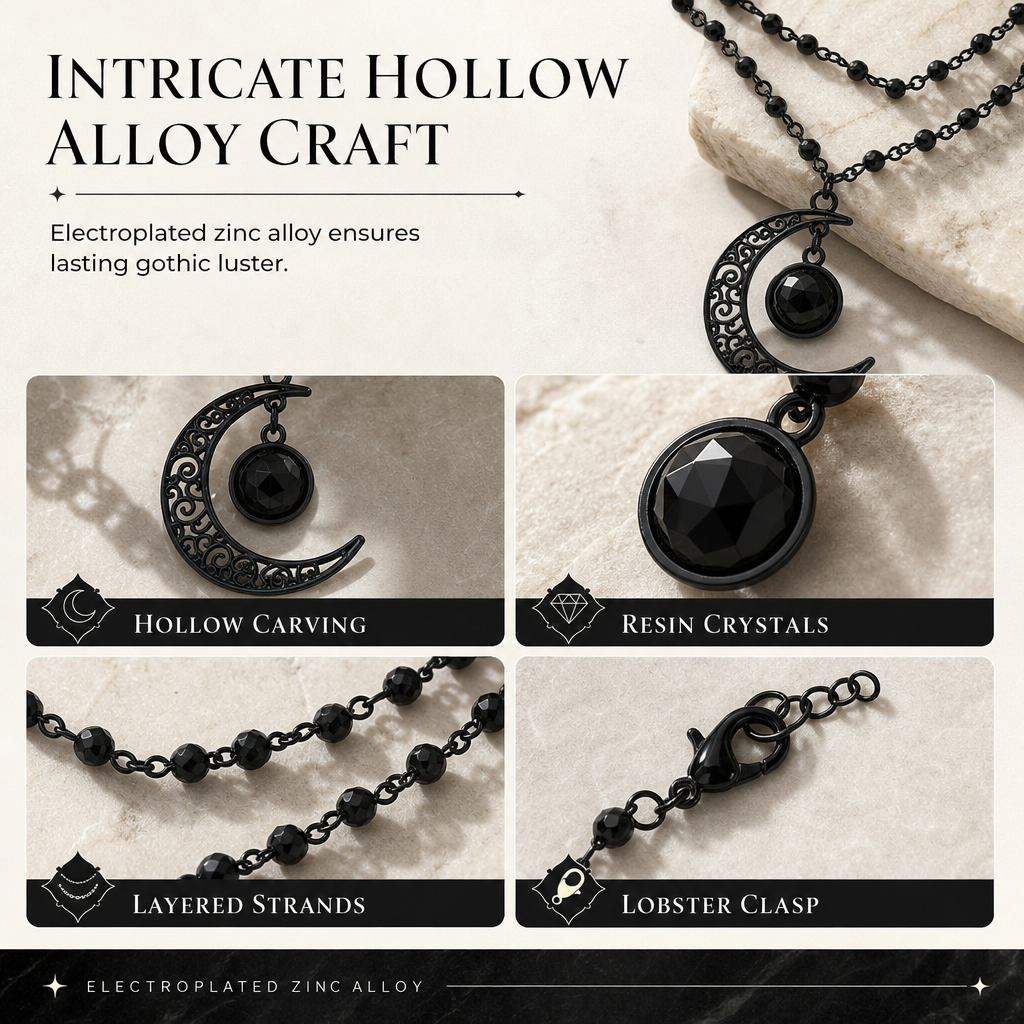 🌙 LIMITED‑TIME 50% OFF! 🖤 Gothic Dark Crystal Beaded Chain Necklace with Hollow Out Moon Alloy Pendant 📿