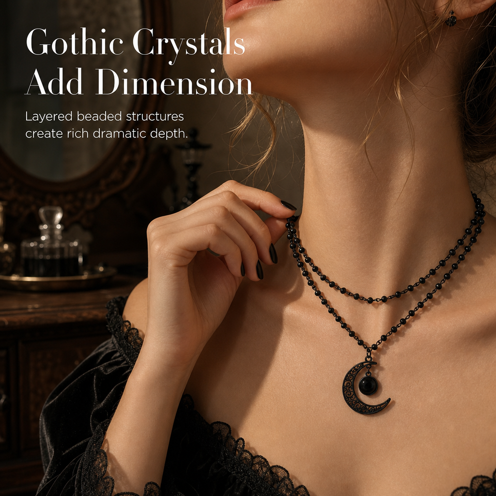 🌙 LIMITED‑TIME 50% OFF! 🖤 Gothic Dark Crystal Beaded Chain Necklace with Hollow Out Moon Alloy Pendant 📿