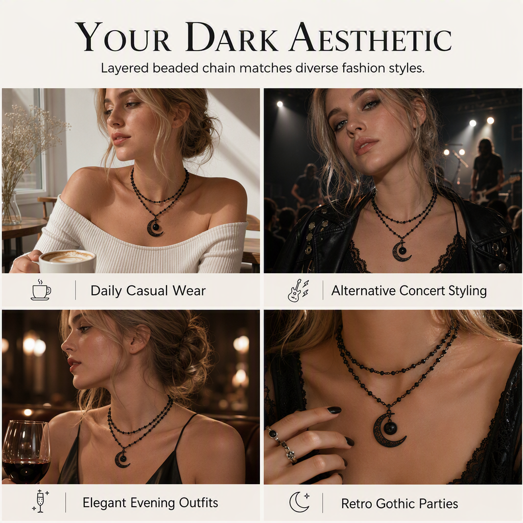 🌙 LIMITED‑TIME 50% OFF! 🖤 Gothic Dark Crystal Beaded Chain Necklace with Hollow Out Moon Alloy Pendant 📿