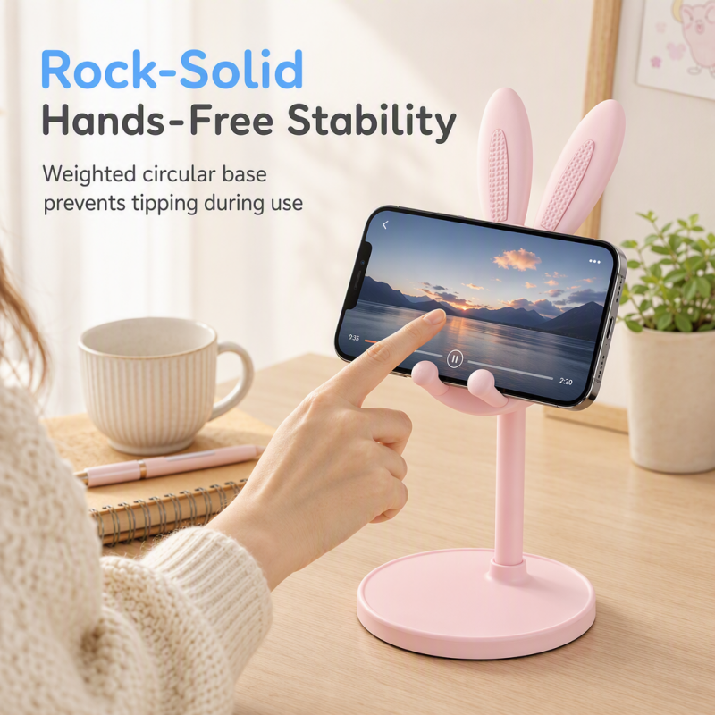 🐰¡COMPRA 1 LLEVA 1 GRATIS!📱✨ Lindo soporte de escritorio para teléfono con diseño de conejito – Altura ajustable, base pesada y almohadillas de silicona
