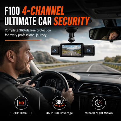 F100 4-Lens Car Dash Cam 1080P HD Driving Recorder with Infrared Night Vision and GPS Sync Recording