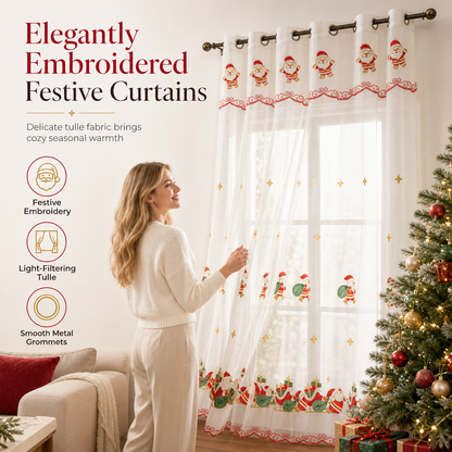 Christmas Embroidered Sheer Window Curtain Panel with Snowflake and Bell Patterns