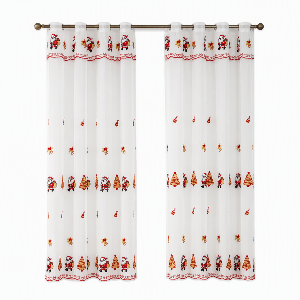 Christmas Embroidered Sheer Window Curtain Panel with Snowflake and Bell Patterns