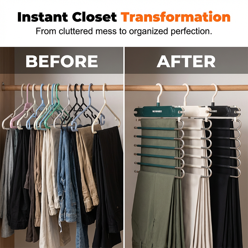 👖 50% OFF! ✨ Multi-Layer Space-Saving Pants Hanger – Holds 6 Pairs Vertically, Premium Anti-Slip Coating & Heavy-Duty Stainless Steel – Dual Hanging Modes Save Up to 80% Closet Space 🧺